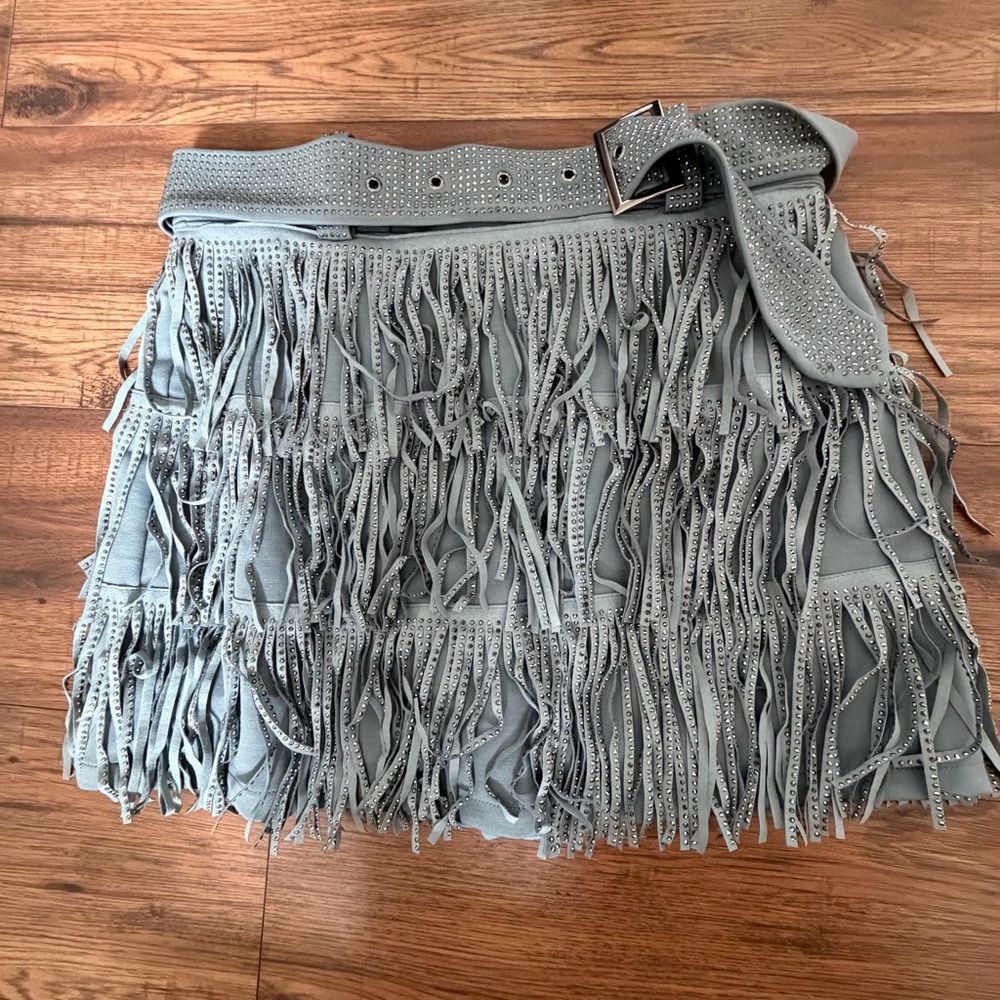 Nylon Apparel Fringe Skirt with Rhinestones Slate Blue Coastal Cowgirl Festival - Picture 2 of 9